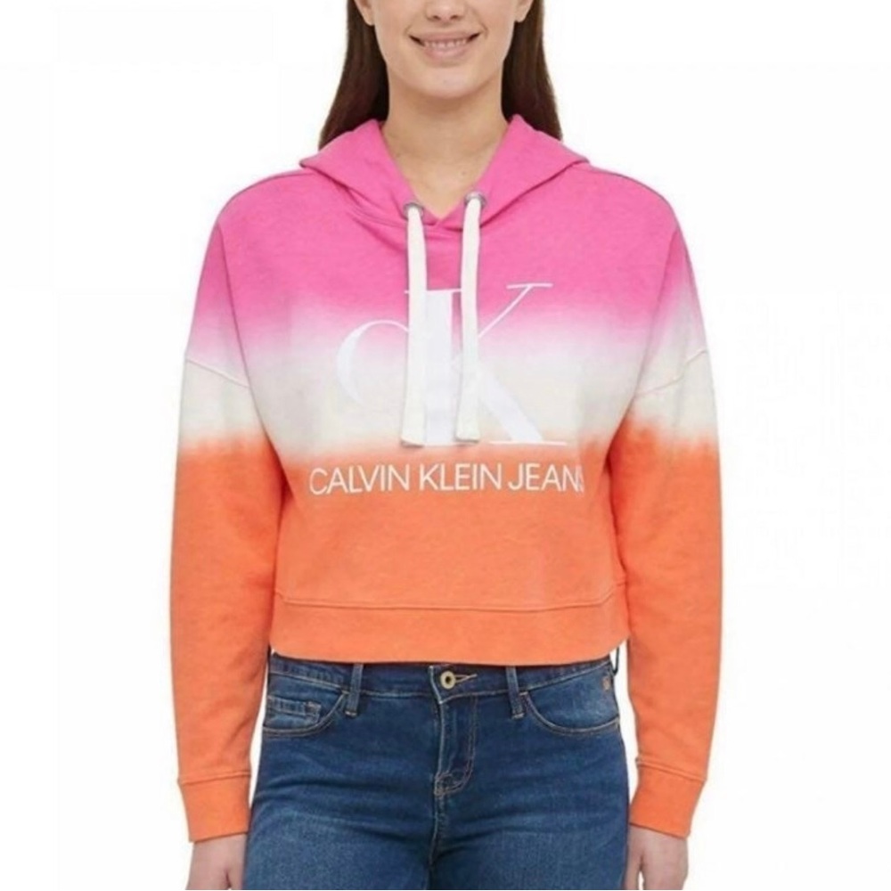 Calvin Klein Jeans Womens Monogram Logo Tie Dye Block Hoodie, Sherbert Combo,XXL
